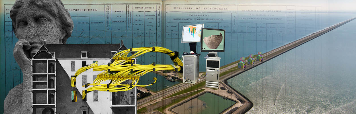 Collage met verschillende elementen die gerelateerd zijn aan de toezichtsvelden van de Inspectie Overheidsinformatie en Erfgoed. Van links naar rechts (1) een buste (2) monumentaal pand, (3) datakabels, (4) computers met beeldschermen met daarop een archeologisch opgegraven vaas, (5) een brug die zich uitstrekt tot de horizon. Op de achtergrond is een handgeschreven tabel  zichtbaar uit een archiefstuk.