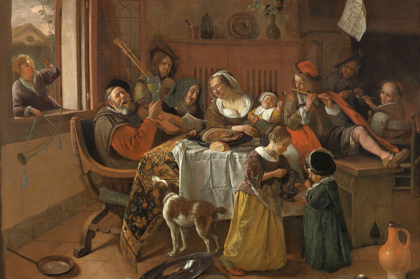 Afbeelding van het schilderij 'Het vrolijke huisgezin' van Jan Havicksz. Steen uit het Rijksmuseum Amsterdam. Het vrolijke huisgezin of 'Soo de ouden songen, pijpen de jongen'. Interieur met een gezin rond een tafel dat zich vermaakt met muziek, zang en drank. Links in het raam een jongen met een pijp en een hoorn, aan tafel een zingende oude man met opgeheven roemer, een man spelend op een doedelzak, twee vrouwen die zingen van een stuk papier, een kind met een lepel, een jongen met een fluit en een jongen en een meisje die een pijp roken. Voor de tafel krijgt een kind een slok wijn uit een kan. Op de vloer een hond, kruiken, een bord en een steelpan.