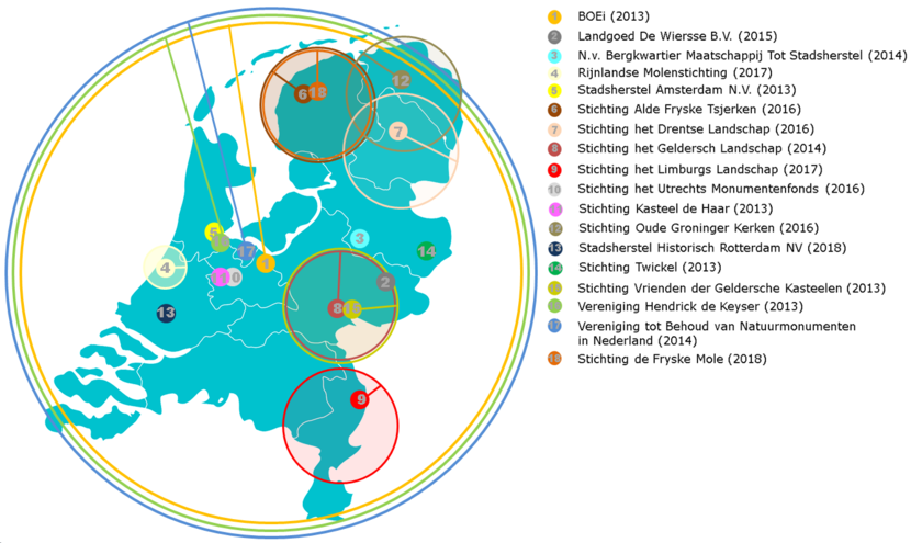 Afbeelding van de landkaart van Nederland met daarin de vestigingsplaatsen van de 18 verschillende Professionele Organisaties voor Monumentenbehoud
