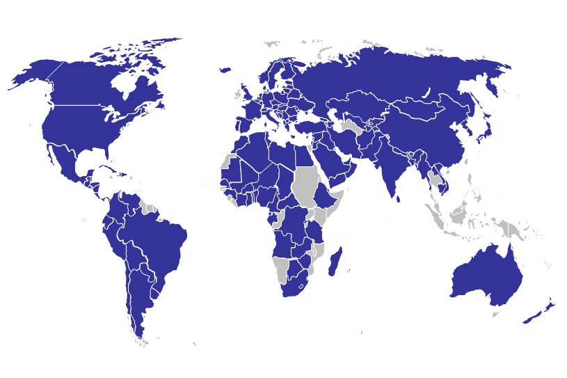 Wereldkaart met daarin blauwgekleurd de landen die zijn aangesloten ( peiljaar 2020) bij het UNESCO verdrag 1970. Dit zijn de landen: Afghanistan, Albania, Algeria, Angola, Argentina, Armenia, Australia, Austria, Azerbaijan, Bahamas, Bahrain, Bangladesh, Barbados, Belarus, Belgium, Belize, Benin, Bhutan, Bolivia (Plurinational State of), Bosnia and Herzegovina, Botswana, Brazil, Bulgaria, Burkina Faso, Cambodia, Cameroon, Canada, Central African Republic, Chad, Chile, China, Colombia, Costa Rica, Côte d'Ivoire, Croatia, Cuba, Cyprus, Czech Republic, Democratic People's Republic of (North) Korea, Democratic Republic of the Congo, Denmark, Djibouti, Dominican Republic, Ecuador, Egypt, El Salvador, Equatorial Guinea, Estonia, Ethiopia, Finland, France, Gabon, Georgia, Germany, Ghana, Greece, Grenada, Guatemala, Guinea, Haiti, Honduras, Hungary, Iceland, India, Iran (Islamic Republic of), Iraq, Italy, Japan, Jordan, Kazakhstan, Kuwait, Kyrgyzstan, Lao People's Democratic Republic, Latvia, Lebanon, Lesotho, Libya, Lithuania, Luxembourg, Madagascar, Mali, Mauritania, Mauritius, Mexico, Monaco, Mongolia, Montenegro, Morocco, Myanmar, Nepal, Netherlands, New Zealand, Nicaragua, Niger, Nigeria, North Macedonia, Norway, Oman, Pakistan, Palestine, Panama, Paraguay, Peru, Poland, Portugal, Qatar, Republic of (South) Korea, Republic of Moldova, Romania, Russian Federation, Rwanda, Saudi Arabia, Senegal, Serbia, Seychelles, Slovakia, Slovenia, South Africa, Spain, Sri Lanka, Swaziland (Eswatini), Sweden, Switzerland, Syrian Arab Republic, Tajikistan, Togo, Tunisia, Turkey, Ukraine, United Arab Emirates, United Kingdom of Great Britain and Northern Ireland, United Republic of Tanzania, United States of America, Uruguay, Uzbekistan, Venezuela (Bolivarian Republic of), Viet Nam, Yemen, Zambia en Zimbabwe