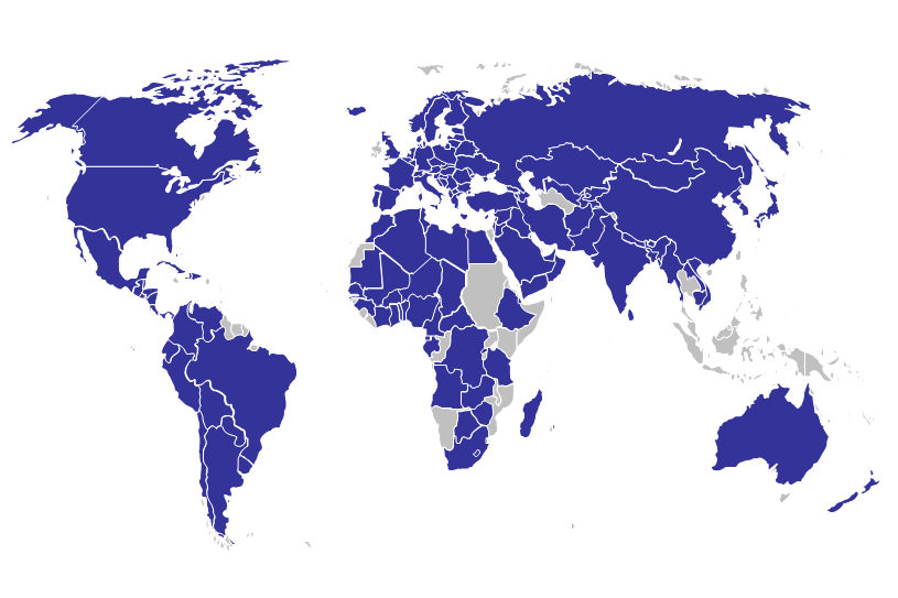 Wereldkaart met daarin blauwgekleurd de landen die zijn aangesloten ( peiljaar 2020) bij het UNESCO verdrag 1970. Dit zijn de landen: Afghanistan,  Albania,  Algeria,  Angola,  Argentina,  Armenia,  Australia,  Austria,  Azerbaijan,  Bahamas,  Bahrain,  Bangladesh,  Barbados,  Belarus,  Belgium,  Belize,  Benin,  Bhutan,  Bolivia (Plurinational State of),  Bosnia and Herzegovina,  Botswana,  Brazil,  Bulgaria,  Burkina Faso,  Cambodia,  Cameroon,  Canada,  Central African Republic,  Chad,  Chile,  China,  Colombia,  Costa Rica,  Côte d'Ivoire,  Croatia,  Cuba,  Cyprus,  Czech Republic,  Democratic People's Republic of (North) Korea,  Democratic Republic of the Congo,  Denmark,  Djibouti,  Dominican Republic,  Ecuador,  Egypt,  El Salvador,  Equatorial Guinea,  Estonia,  Ethiopia,  Finland,  France,  Gabon,  Georgia,  Germany,  Ghana,  Greece,  Grenada,  Guatemala,  Guinea,  Haiti,  Honduras,  Hungary,  Iceland,  India,  Iran (Islamic Republic of),  Iraq,  Italy,  Japan,  Jordan,  Kazakhstan,  Kuwait,  Kyrgyzstan,  Lao People's Democratic Republic,  Latvia,  Lebanon,  Lesotho,  Libya,  Lithuania,  Luxembourg,  Madagascar,  Mali,  Mauritania,  Mauritius,  Mexico,  Monaco,  Mongolia,  Montenegro,  Morocco,  Myanmar,  Nepal,  Netherlands,  New Zealand,  Nicaragua,  Niger,  Nigeria,  North Macedonia,  Norway,  Oman,  Pakistan,  Palestine,  Panama,  Paraguay,  Peru,  Poland,  Portugal,  Qatar,  Republic of (South) Korea,  Republic of Moldova,  Romania,  Russian Federation,  Rwanda,  Saudi Arabia,  Senegal,  Serbia,  Seychelles,  Slovakia,  Slovenia,  South Africa,  Spain,  Sri Lanka,  Swaziland (Eswatini),  Sweden,  Switzerland,  Syrian Arab Republic,  Tajikistan,  Togo,  Tunisia,  Turkey,  Ukraine,  United Arab Emirates,  United Kingdom of Great Britain and Northern Ireland,  United Republic of Tanzania,  United States of America,  Uruguay,  Uzbekistan,  Venezuela (Bolivarian Republic of),  Viet Nam,  Yemen,  Zambia en  Zimbabwe